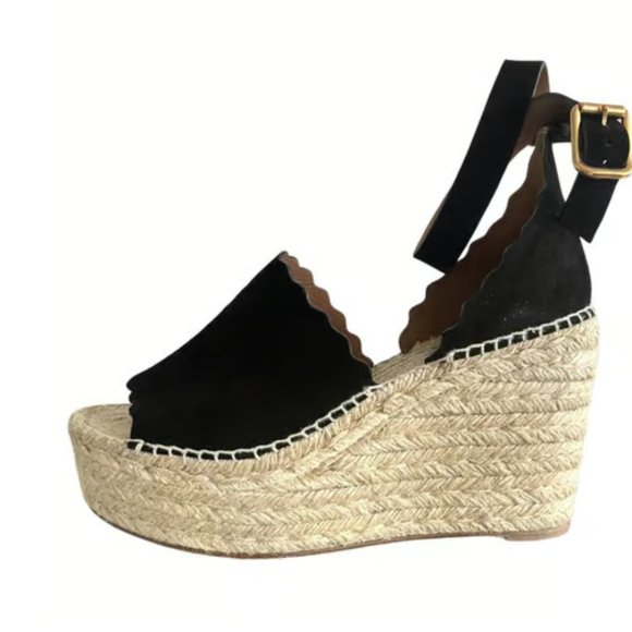 Women's Black Lauren Suede Espadrille Wedge Sandals Size 37